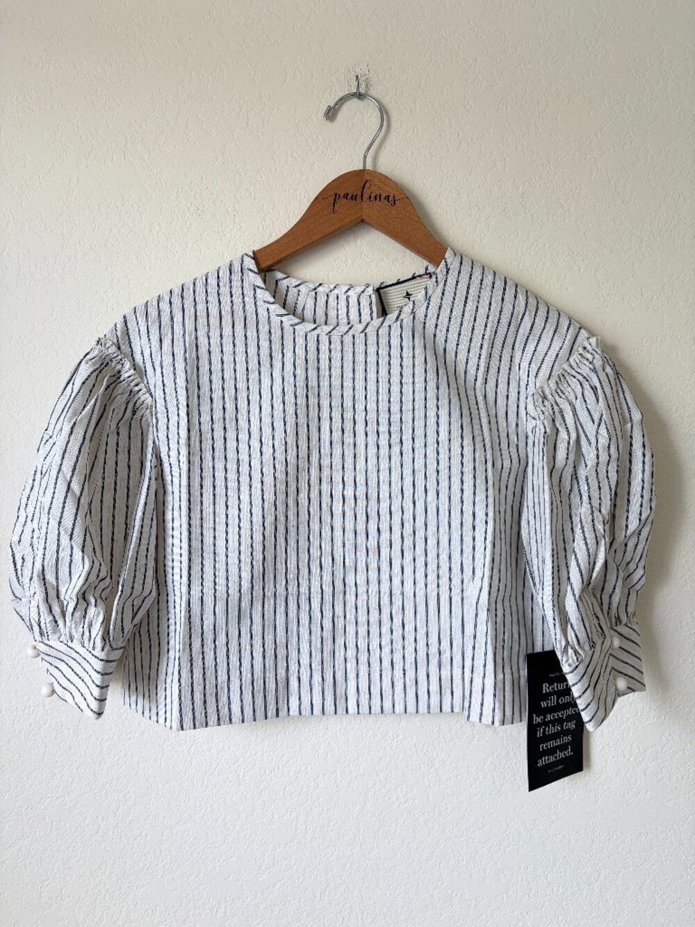 New Tuckernuck Top Womens Small Edie Blue Linen Stripe Cropped Coastal Blouse S
